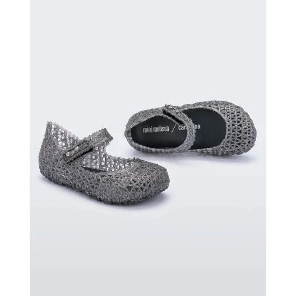 Mini Melissa Campana Flat‎ in Black Glitter Size 10